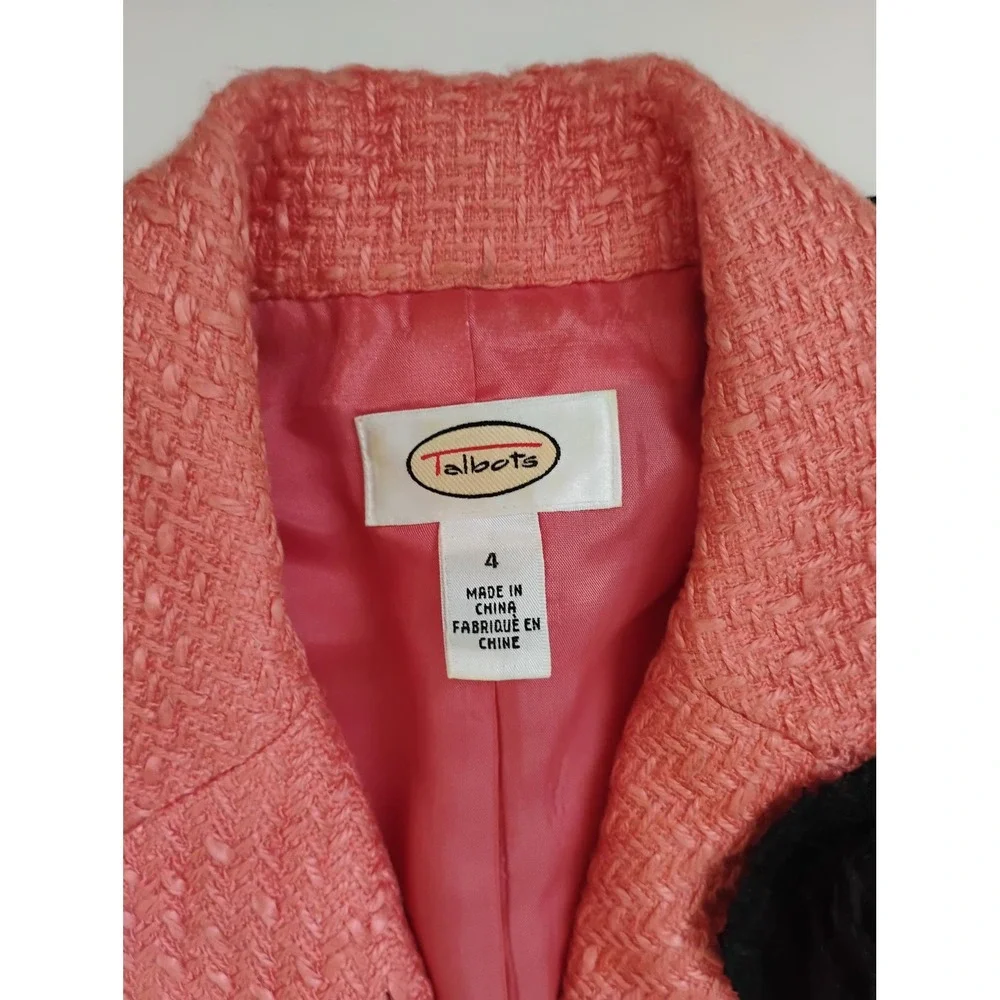 Talbots Skirt Suit Women 4 Coral Black Tweed Fringe Rosette Blazer Pencil Skirt